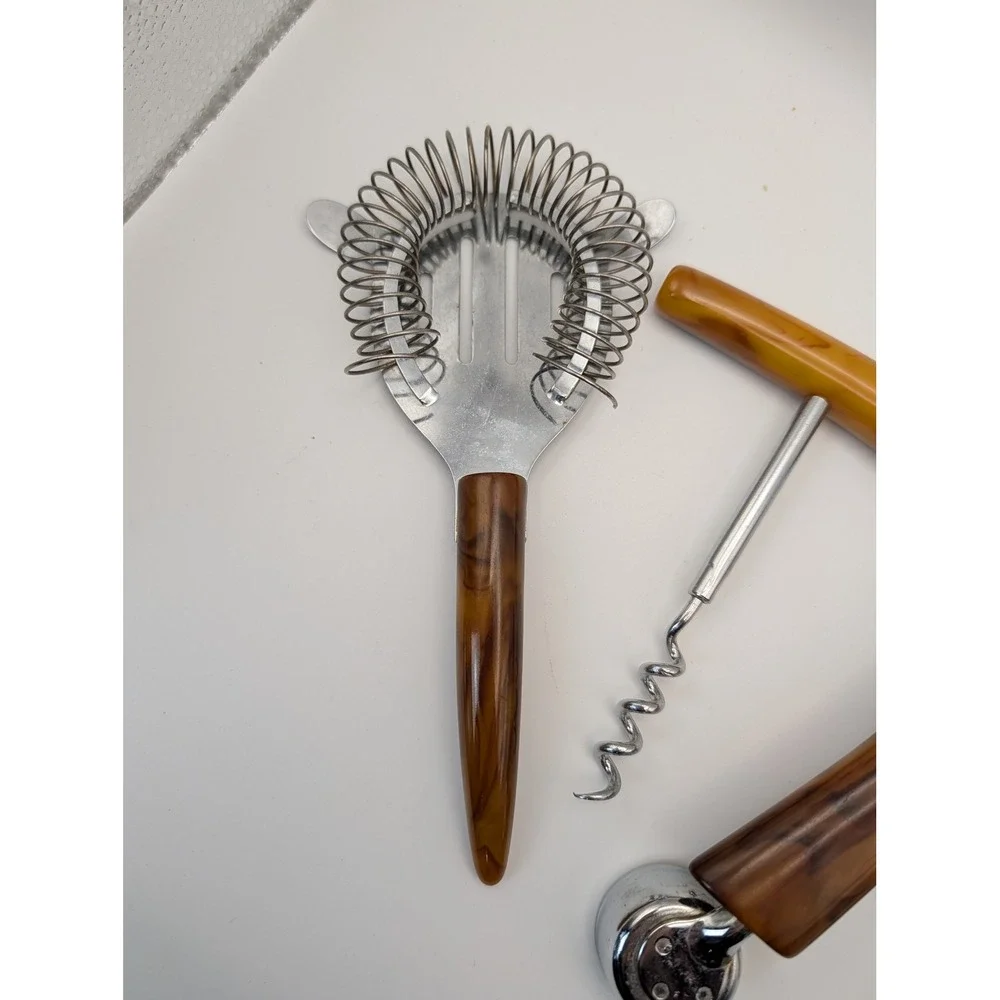 Vintage Bakelite 4 piece Barware Set Cocktail‎ Strainer Corkscrew Bottle Opener